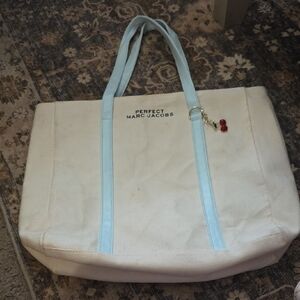 Marc Jacobs Canvas Tote in Cream with Light Blue Straps